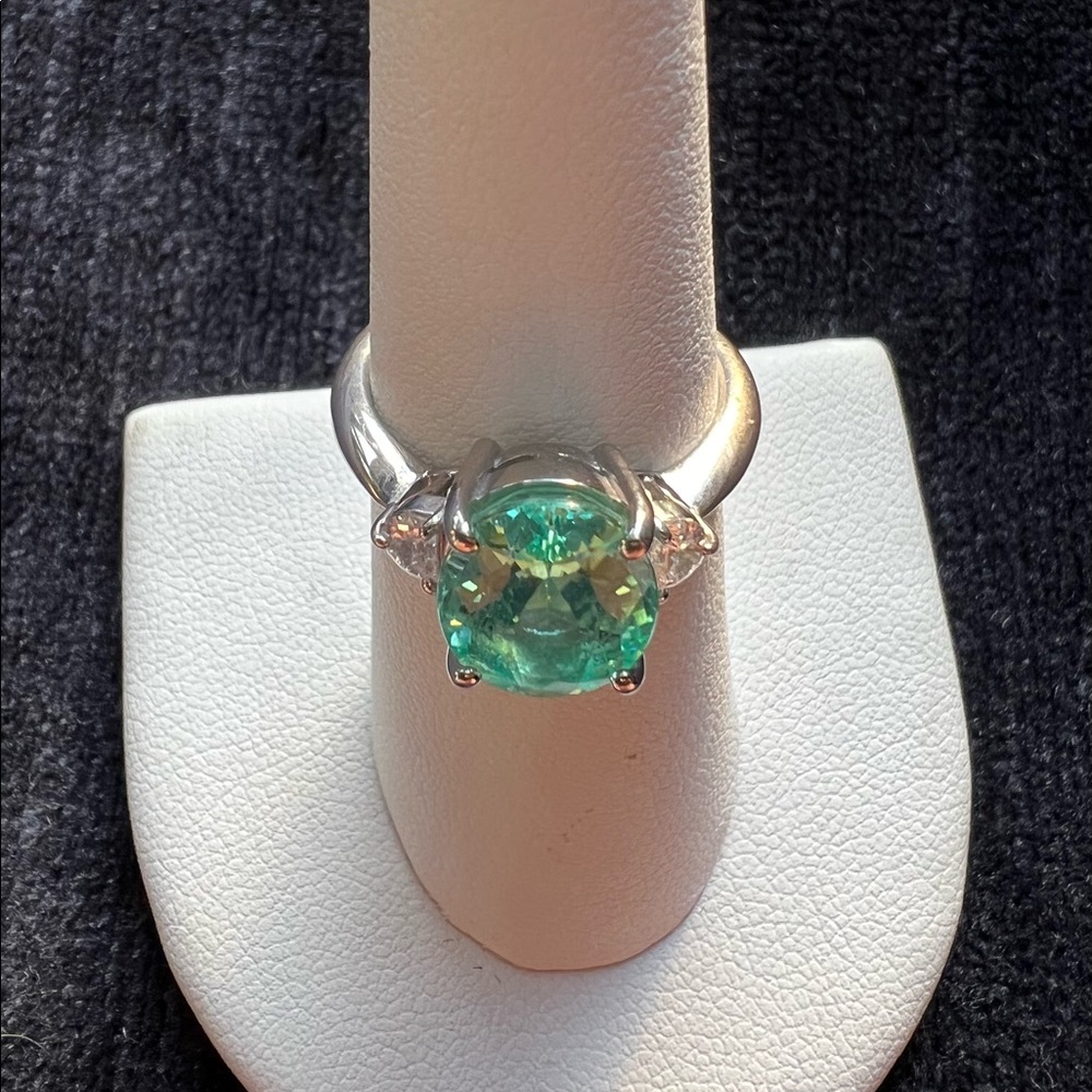 3.99 ct.  PARAIBA TOURMALINE colorless Half moon cut DIAMONDS 950 PLATINUM ring - Picture 4 of 17